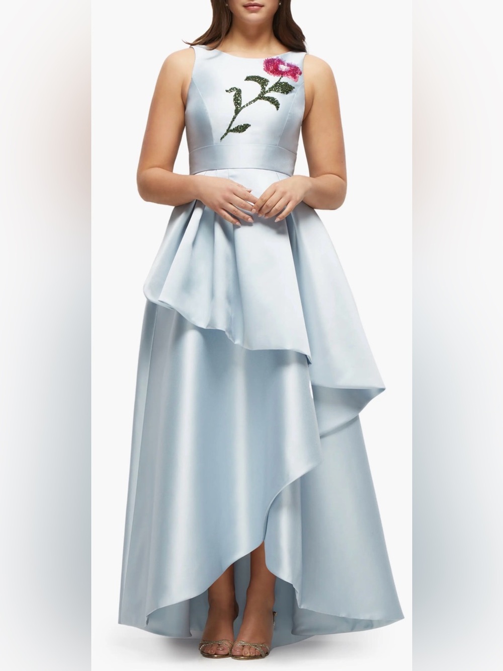 NEW ALFRED SUNG Beaded Flower Sleeveless High-Low Blue Mist Gown Sz 16